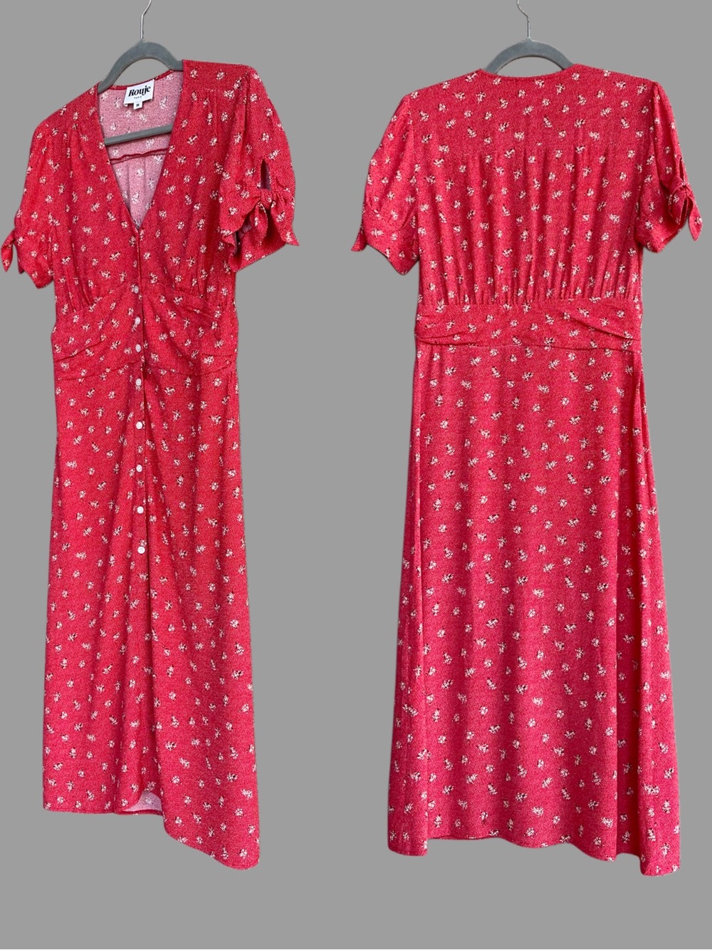 ROUJE Red & White Floral Dot Printed Button Down V Neck Laura Midi Dress 38, 4/6 - Picture 8 of 17
